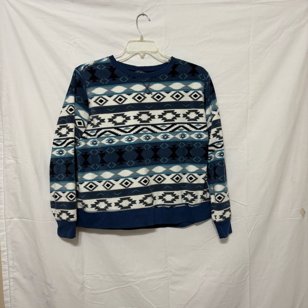 Eddie Bauer women blue/white/black southwestern or Aztec fleece sweater.